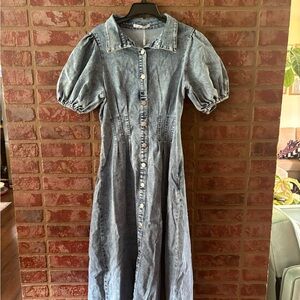 Denim Button-Up Dress with Puff Sleeves
